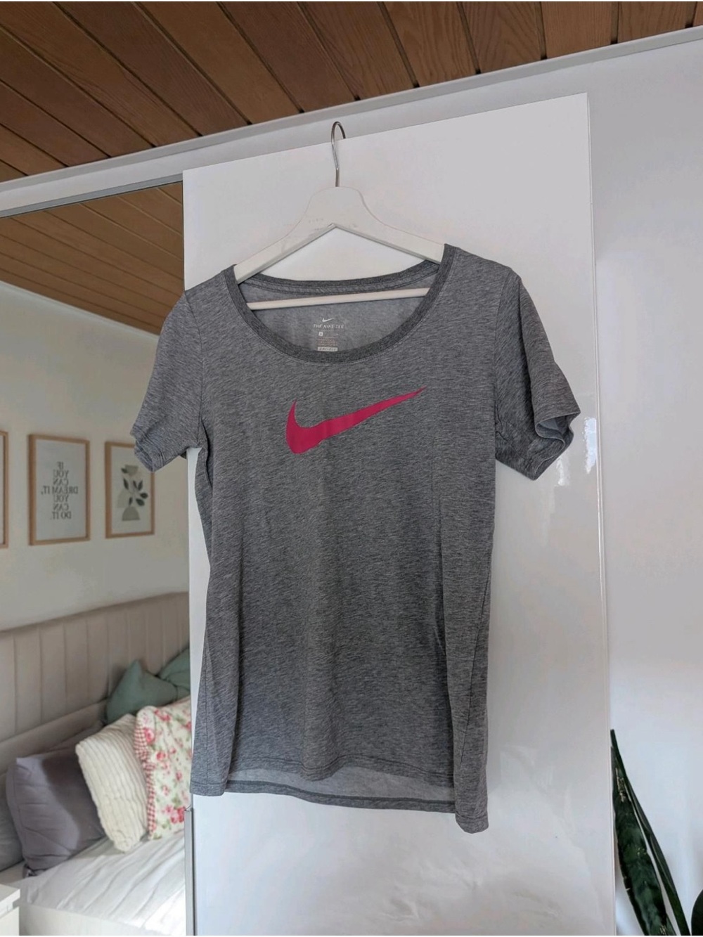 Nike Gray Short-Sleeve Tee with Pink Swoosh